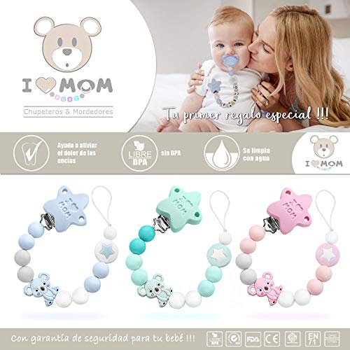 I LOVE MOM - Chupetero para Bebé, Cadena de Chupete Silicona Alimentaria, Mordedor para Niños con Bola Antibacteriana, Chupetero Koala (Rosa)