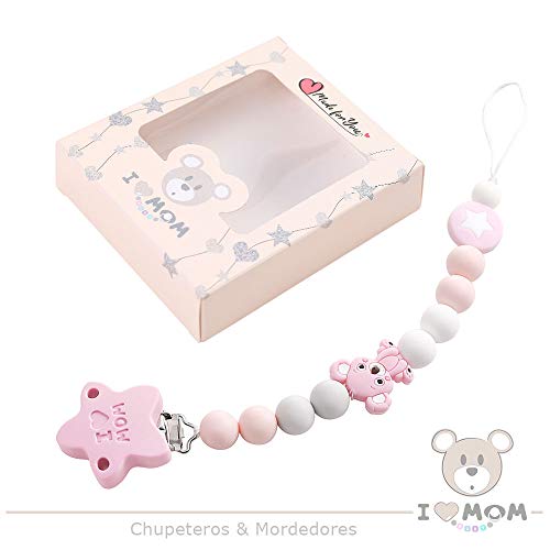 I LOVE MOM - Chupetero para Bebé, Cadena de Chupete Silicona Alimentaria, Mordedor para Niños con Bola Antibacteriana, Chupetero Koala (Rosa)