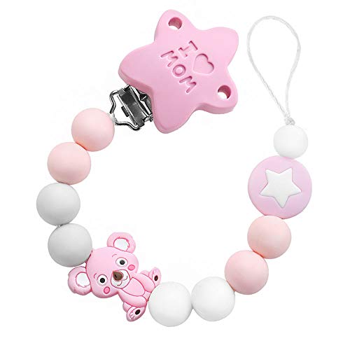 I LOVE MOM - Chupetero para Bebé, Cadena de Chupete Silicona Alimentaria, Mordedor para Niños con Bola Antibacteriana, Chupetero Koala (Rosa)