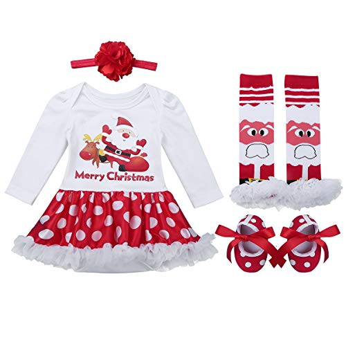 iiniim 4 Pc Conjunto de Navidad para Bebé Niña Recién Nacido Vestido Manga Larga Princesa Traje Ropa Infantil Estilo de Pelele Falda Mameluco Tutú Fiesta Ropa Invierno Papá Noel 0-3 Meses