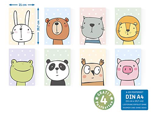 Juego de pósters para la habitación de los niños con 8 animales cómicos, pósters para la habitación de los bebés para niños y niñas, póster de pared: conejo oso panda rana león gato búho