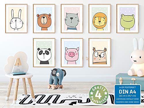 Juego de pósters para la habitación de los niños con 8 animales cómicos, pósters para la habitación de los bebés para niños y niñas, póster de pared: conejo oso panda rana león gato búho