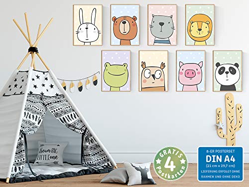 Juego de pósters para la habitación de los niños con 8 animales cómicos, pósters para la habitación de los bebés para niños y niñas, póster de pared: conejo oso panda rana león gato búho