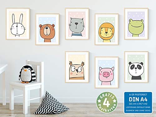 Juego de pósters para la habitación de los niños con 8 animales cómicos, pósters para la habitación de los bebés para niños y niñas, póster de pared: conejo oso panda rana león gato búho