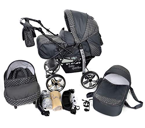 Kamil - Sistema de viaje 3 en 1, silla de paseo, carrito con capazo y silla de coche, RUEDAS ESTÁTICAS y accesorios (Sistema de viaje 3 en 1, gris, lunares)