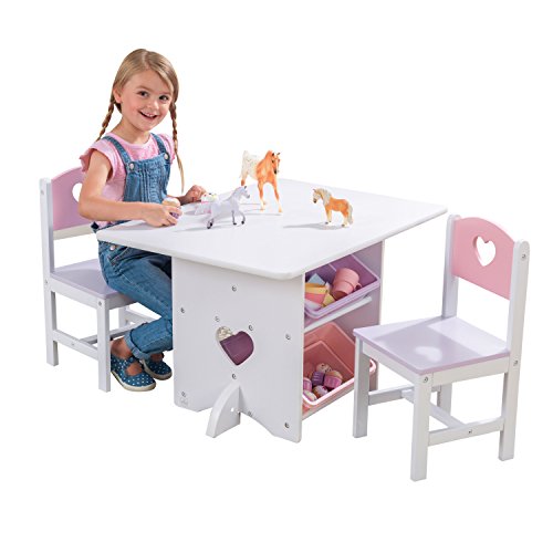 KidKraft-Heart Juego de mesa y 2 sillas de madera con corazón con compartimentos de almacenamiento, cuarto de juegos para niños / muebles de dormitorio, Color Blanco/Pastel (26913)