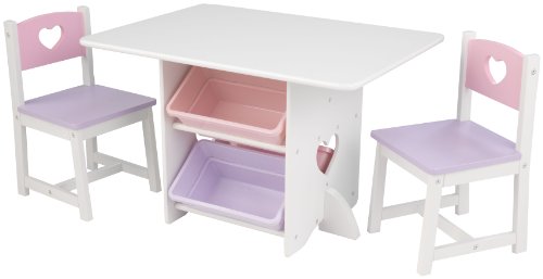 KidKraft-Heart Juego de mesa y 2 sillas de madera con corazón con compartimentos de almacenamiento, cuarto de juegos para niños / muebles de dormitorio, Color Blanco/Pastel (26913)