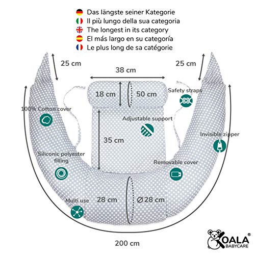 Koala Babycare® Almohada para Embarazadas para Dormir y Amamantar U Pillow con Soporte Lumbar, Cervical - Cojin Maternidad con Cordones de Seguridad - re-Ductor de Cuna y paracho-ques - KHUGS Plus