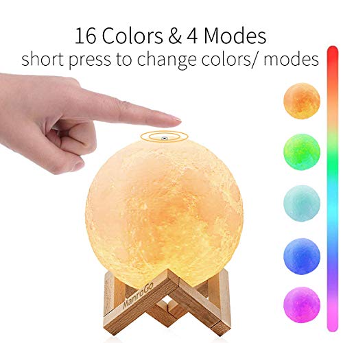 Lámpara Luna 3D, ManroGo 15CM Control Remoto y Control Táctil 16 Colores RGB Brillo Regulable Recargable USB Luz Nocturna Luna LED, Decorativa para Dormitorio Salón, Regalo para Mujeres y Niños