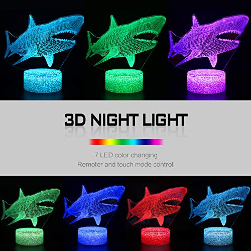 LED Lámpara de Mesa 3D Tiburón con Control Remoto Sensor Tacto, QiLiTd Regulable Lámpara Noche de Atmósfera Modo RGB, Decoracion Cumpleaños, Navidad Regalos de Mujer Bebes Hombre Niños Amigas