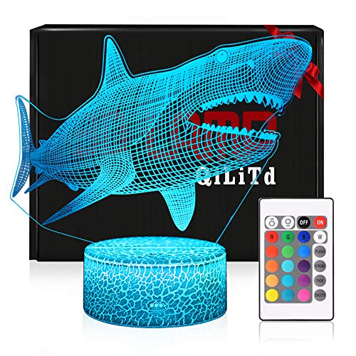 LED Lámpara de Mesa 3D Tiburón con Control Remoto Sensor Tacto, QiLiTd Regulable Lámpara Noche de Atmósfera Modo RGB, Decoracion Cumpleaños, Navidad Regalos de Mujer Bebes Hombre Niños Amigas