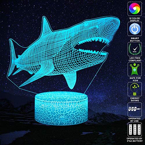 LED Lámpara de Mesa 3D Tiburón con Control Remoto Sensor Tacto, QiLiTd Regulable Lámpara Noche de Atmósfera Modo RGB, Decoracion Cumpleaños, Navidad Regalos de Mujer Bebes Hombre Niños Amigas