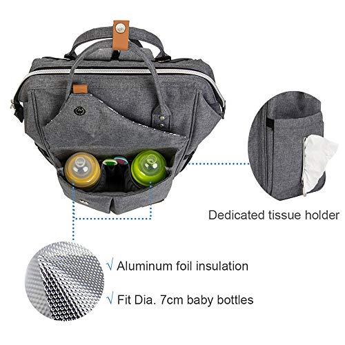 Lekebaby Mochila de Pañales Gran Capacidad Versátil Resistente al Agua Bolsa de Pañales para Bebés, Mochila Pañales con Cambiador, Gris