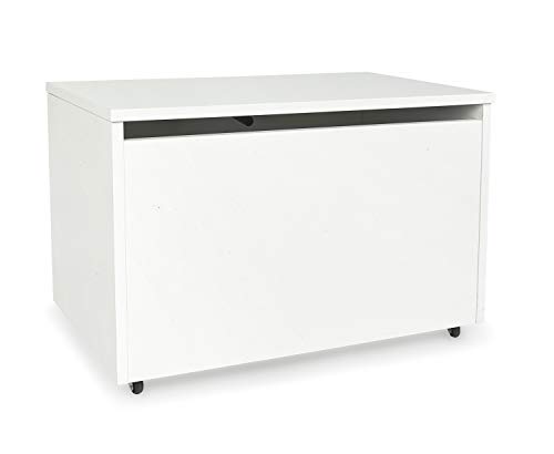 LEOMARK Caja de madera banco XXL con almacenamiento para juguetes, accesorios Baúl de juguetes sobre ruedas, blanco