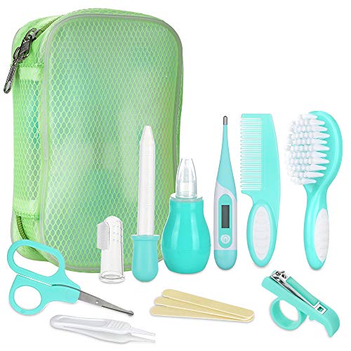 Lictin Set para Cuidado del Bebé - 15 Piezas Kit de Aseo para Bebés con Cuchara de Oreja con LED Cepillo de Pelo y Peine,Cortador de Uñas Cepillo de Dientes de Dedo para Viaje y el Uso Diario (Verde)