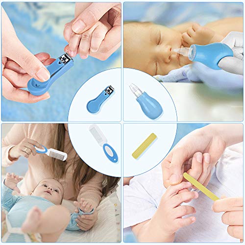 Lictin Set para Cuidado del Bebé-15 Piezas Kit de Aseo para Bebés con Cuchara de Oreja con LED Cepillo de Pelo y Peine,Cortador de Uñas Cepillo de Dientes de Dedo para Viaje y el Uso Diario,Azul claro