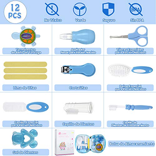 Lictin Set para Cuidado del Bebé-15 Piezas Kit de Aseo para Bebés con Cuchara de Oreja con LED Cepillo de Pelo y Peine,Cortador de Uñas Cepillo de Dientes de Dedo para Viaje y el Uso Diario,Azul claro