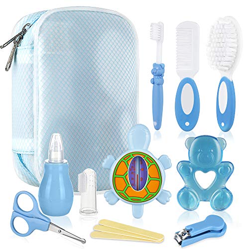 Lictin Set para Cuidado del Bebé-15 Piezas Kit de Aseo para Bebés con Cuchara de Oreja con LED Cepillo de Pelo y Peine,Cortador de Uñas Cepillo de Dientes de Dedo para Viaje y el Uso Diario,Azul claro