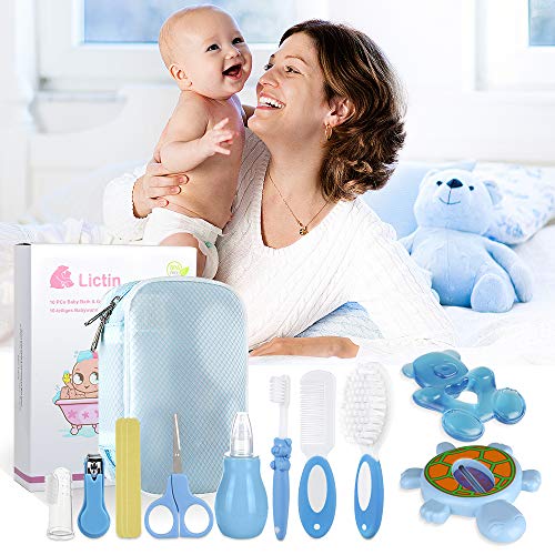 Lictin Set para Cuidado del Bebé-15 Piezas Kit de Aseo para Bebés con Cuchara de Oreja con LED Cepillo de Pelo y Peine,Cortador de Uñas Cepillo de Dientes de Dedo para Viaje y el Uso Diario,Azul claro