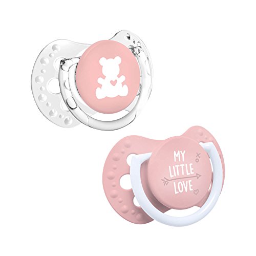 LOVI 2x Chupete Mini Silicona para Bebés de 0-2 meses | La Base Pequeña y Ligera | Cubierta Higiénica | Protege el Reflejo Natural de Succión de Bebé | My Little Love Colección | Rosa