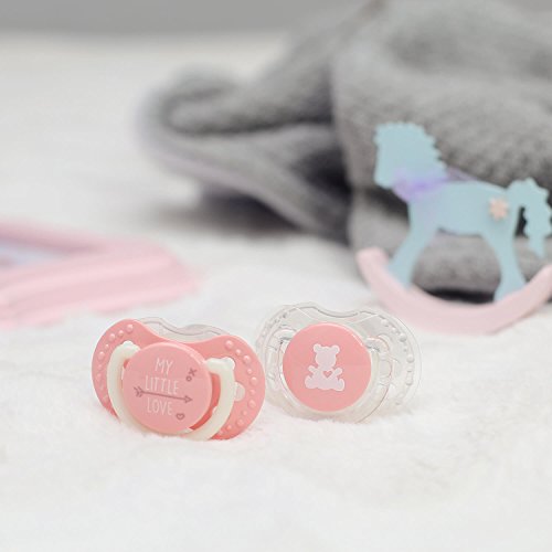 LOVI 2x Chupete Mini Silicona para Bebés de 0-2 meses | La Base Pequeña y Ligera | Cubierta Higiénica | Protege el Reflejo Natural de Succión de Bebé | My Little Love Colección | Rosa