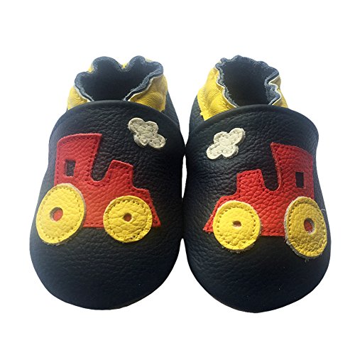 LSERVER Zapatos de bebé de Cuero Suave Pantuflas Infantiles Patuco de Suela Suave, Tren Negro, L (12-18 Meses)