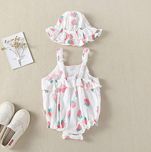 Luckycat Body Infantil para bebés recién Nacidos con Volantes Mamelucos sin Mangas Mono Trajes Ropa Bebe Peleles Patrón de Fresa Monos + Sombrero para Recien Nacido Niña Niño 0-18 Meses Ropa Verano