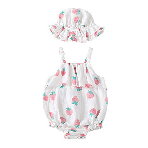 Luckycat Body Infantil para bebés recién Nacidos con Volantes Mamelucos sin Mangas Mono Trajes Ropa Bebe Peleles Patrón de Fresa Monos + Sombrero para Recien Nacido Niña Niño 0-18 Meses Ropa Verano