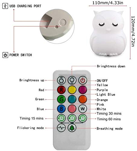 Luz Nocturna Infantil Tekemai,Luz de Noche Bebé, Lámpara de Mesa,lámpara de cabecera silicona,9 colores con control remoto,lámpara LED recargable USB para Dormitorio/Regalo para niños (Búho)