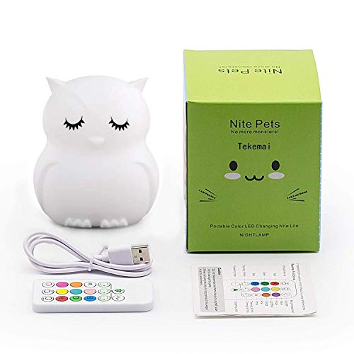 Luz Nocturna Infantil Tekemai,Luz de Noche Bebé, Lámpara de Mesa,lámpara de cabecera silicona,9 colores con control remoto,lámpara LED recargable USB para Dormitorio/Regalo para niños (Búho)