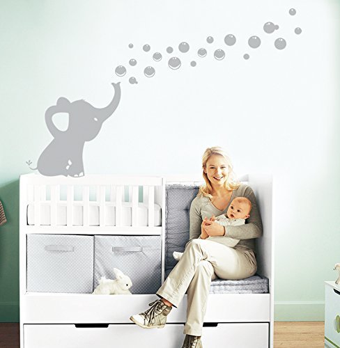 MAFENT Un Adorable Elefante Soplar Burbujas Wall Decal Vinilo Etiqueta de la Pared Para Cuarto de Niños Bebe Habitación Decoraciones (Gris,Derecho)