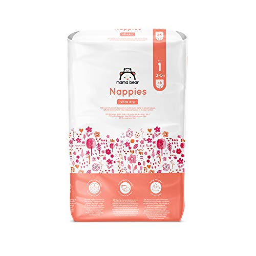 Marca Amazon - Mama Bear Pañales ultra-secos - Talla 1 (2-5 kg) - Con canales - 96 pañales (2 bolsas x 48) - Nueva versión