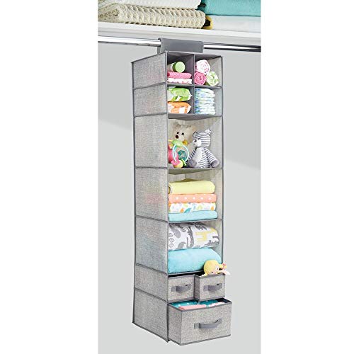 mDesign Organizador de tela con 7 estantes y 3 cajones – Armario de tela para ropa de bebé y otros accesorios – Estantería colgante para artículos de bebés y juguetes – gris