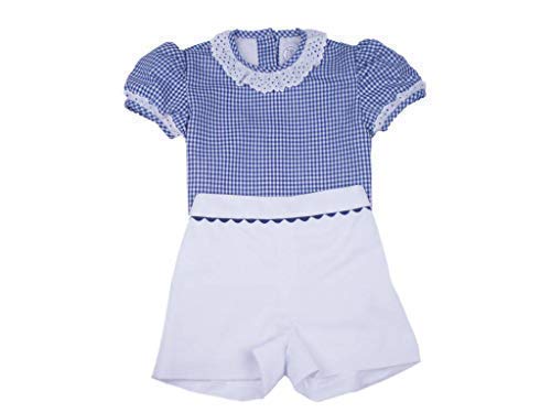 MI HIJA Y YO Camisa y Pantalón de Vichy y Piqué Modelo Francoise para Bebé (de 12 a 24 Meses) - Hecho a Mano - Colección Luz Marina - PRES. Regalo