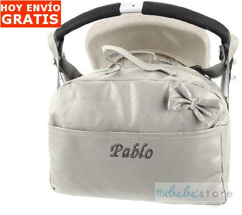 mibebestore - Bolso Polipiel Carrito Bebe Personalizado con nombre bordado GRIS - Nombre bebé bordado