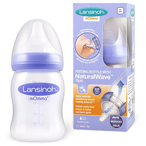 mOmma by Lansinoh - Biberón para leche materna con tetina Simuladora del pezón Materno de flujo lento, 160 ml/ 1 Ud