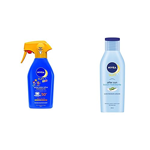 Nivea Sun Kids - Spray solar niños hidratante FP50+ - Protección UV muy alta - 300 ml + Nivea Sun - Loción after sun - Cuidado después del sol - 400 ml