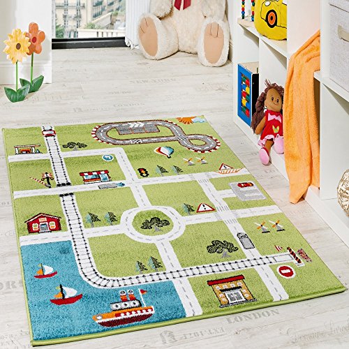 Paco Home Alfombra Infantil De Juegos De Diseño Ciudad con Puerto Y Calles En Gris Y Verde, tamaño:80x150 cm