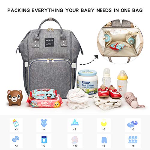 Pañal Bolso Mochila, Bolso de Viaje Gran Capacidad Impermeable Bolsos Cambiadores Multifunción para Cuidado de Bebé y Mamá viajes con Cambiador y Ganchos Carrito Bebé (Gris2)