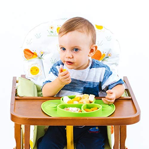 Plato Bebé Con Ventosa - Vajilla de Silicona Alimentaria - Mantel Antideslizante Para Trona - 3 Compartimentos Papilla – Niños 6-18 Meses – Apto Para Lavavajillas Y Microondas (Verde)