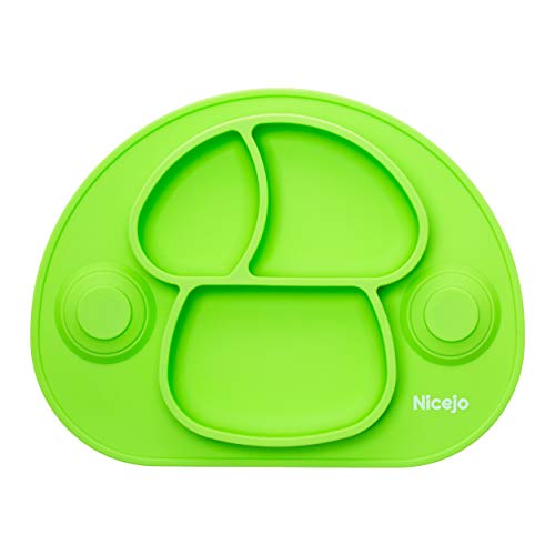 Plato Bebé Con Ventosa - Vajilla de Silicona Alimentaria - Mantel Antideslizante Para Trona - 3 Compartimentos Papilla – Niños 6-18 Meses – Apto Para Lavavajillas Y Microondas (Verde)