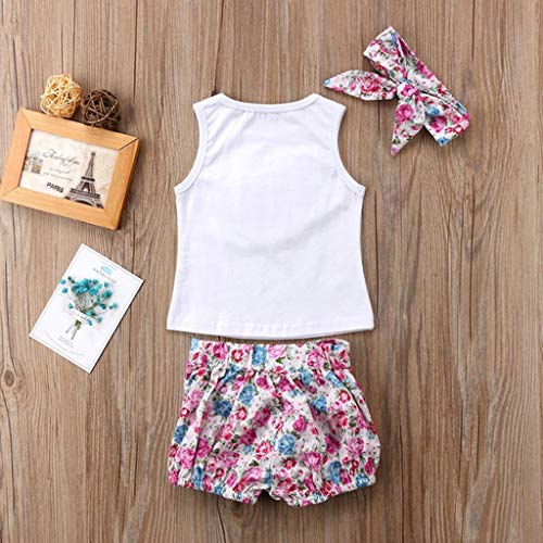 Ropa Bebe Niña Recien Nacido Verano 0 a 3 6 12 18 24 Meses - 3PC/Conjunto - Rosa Forma de Corazon Camiseta sin Mangas + Pantalones Cortos Florales + Banda de Pelo