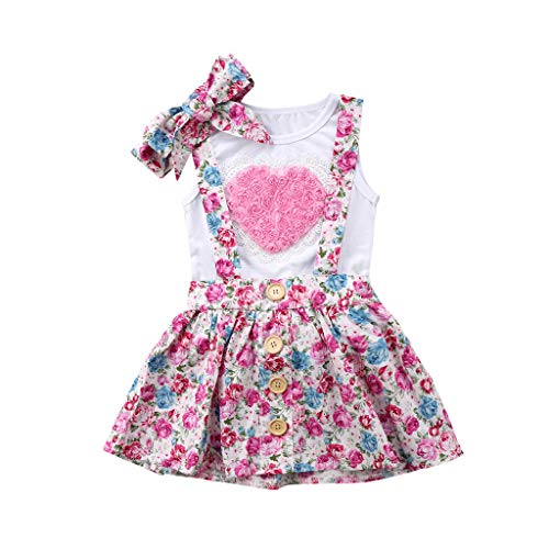 Ropa Bebe Niña Recien Nacido Verano 6 Meses a 3 años - 3PC/Conjunto - Rosa Forma de Corazon Camiseta sin Mangas + Pantalones Cortos Florales + Banda de Pelo