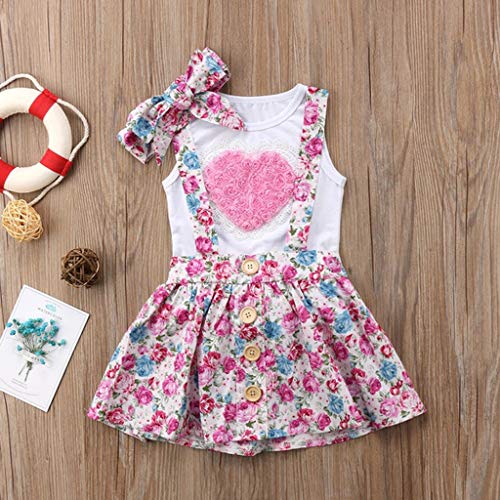 Ropa Bebe Niña Recien Nacido Verano 6 Meses a 3 años - 3PC/Conjunto - Rosa Forma de Corazon Camiseta sin Mangas + Pantalones Cortos Florales + Banda de Pelo