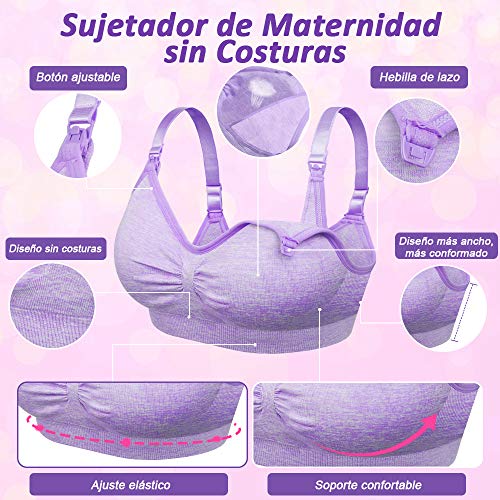 Rovtop 3 PCS Sujetador de Lactancia para Mujer de Sujetador de Maternidad sin Costuras Hebilla Acolchada y Extendida(Talla L)