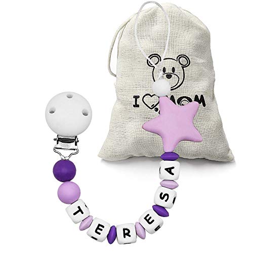 RUBY - Chupetero personalizado para bebe con nombre bola silicona antibacteria con pinza de acero inoxidable. Chuptero Estrella (Morado)