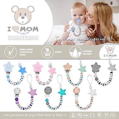 RUBY - Chupetero personalizado para bebe con nombre bola silicona antibacteria con pinza de acero inoxidable. Chuptero Estrella (Morado)