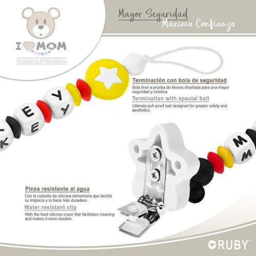 RUBY - Chupetero Personalizado para Bebe con Nombre Bola Silicona Antibacteriana con Pinza de Acero Inoxidable (Negro, Chupeteros)