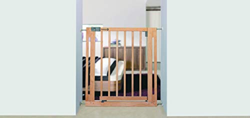 Safety 1st Easy Close Wood Barrera de seguridad de Madera, puerta de seguridad 73 cm hasta 96, 5 cm con extensiones, para niños y perros, color madera natural