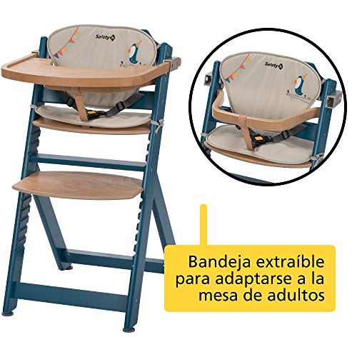 Safety 1st Timba con cojín, Trona de madera evolutiva, Trona para bebés con bandeja extraíble, Silla de altura regulable crece con el niño 6 meses - 10 años, color Petrol Blue